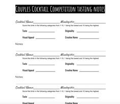 a form of social competition tasting notes with the words, couples cocktail competition tasting notes