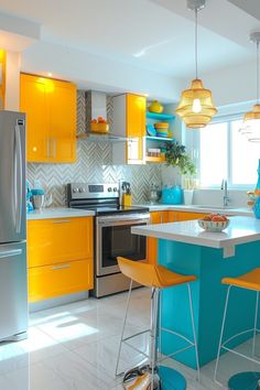 a kitchen with yellow cabinets and blue stools