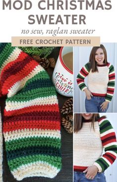 the crochet christmas sweater pattern is shown in three different colors and has text that reads