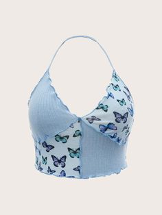 Baby Blue Boho Collar  Fabric Butterfly Halter Embellished Slight Stretch Summer Women Plus Clothing Clothes For Back To School, Top Borboleta, Butterfly Clothes, Shein Clothing, 2000s Fashion Trends, Backless Halter Top, Fabric Butterfly, Butterfly Top, Soft Clothes