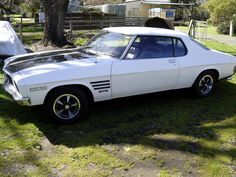 a white car is parked in the grass