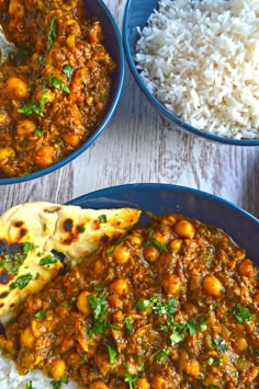 two bowls filled with rice and some type of curry next to another bowl full of white rice