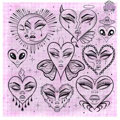 an image of alien faces and hearts on a pink checkered paper with black ink