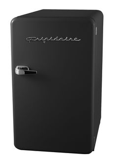 a black refrigerator freezer sitting on top of a white floor