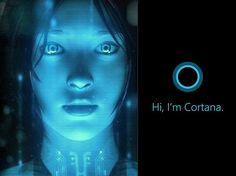 a woman with blue eyes is looking at the camera in front of a screen that says hi, i'm cortana