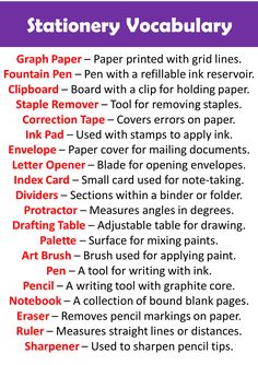 the stationery vocabulary list is shown in red and white with black writing