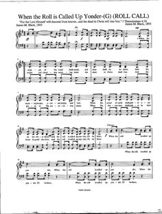 sheet music with the words when the roll is called up yonder - g roll call