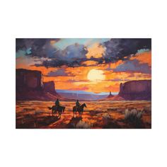 a painting of two people riding horses in the desert at sunset, with mountains in the background