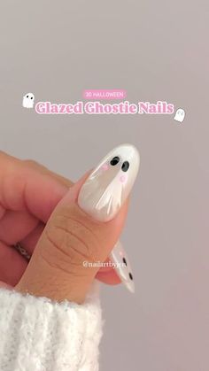 Ghost Face Rhinestone Nails, Milky White Nails Halloween, Black Chrome Nails Halloween, Halloween Nail Designs Black And White, Ghost Chrome Nails, 3d Ghost Nails, Glazed Ghost Nails, Halloween Nails Rhinestones, 3d Nails Halloween