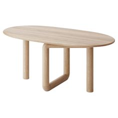 an oval wooden table with two legs and a curved design on the top, against a white background