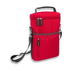 a red lunch bag with two zippers on the front and one has a black handle