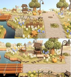 two screens show the different stages of an animated park with benches and flowers in it