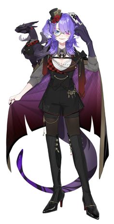 an anime character with purple hair and black clothes, holding her hands on her hips