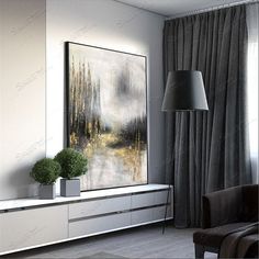 a living room with a large painting on the wall