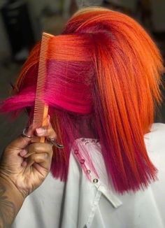 Sunset Hair Color Black Women, Splat Hair Dye Ideas, Dimensional Color Hair, Sunset Hair Color, Wigs Ideas, Color Block Hair, Sunset Hair, Colored Weave, Bold Hair Color