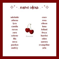 two cherries are sitting on top of each other, with the words name ideas below them