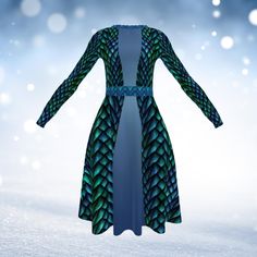 Introducing my enchanting "Blue Fantasy" Long Sleeve Midi Dress, an extraordinary piece designed with immense attention to detail and a touch of magic. Featuring a one of a kind design that creates a captivating layered look with stunning green and blue dragon scales and it's blue gradient center.  Tying this unique piece together is a dragon scale belt print and matching collar. Perfect for any occasion with its long sleeves and pockets, this dress combines magical fantasy and practicality.  The fitted waist and flared bottom accentuate your naturally beautiful silhouette, while the soft fabric and flattering cut ensure you stay comfortable and feel magical all day long.  Whether you're dressing up for a special event or adding a touch of fantasy to your everyday wear, my Blue Fantasy Mid Fantasy Dress Casual, Dragon Scale Dress, Scale Dress, Dress Blue Long, Dragon Dress, Plus Size Midi Dress, Belle Silhouette, Dragon Scales, Dragon Scale