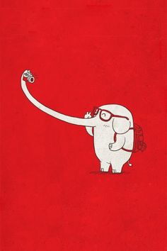 an elephant with glasses and a backpack on its back is pointing at something in the air