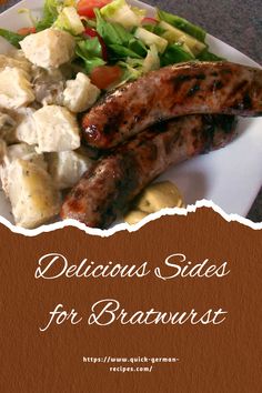 a white plate topped with meat and salad next to a brown paper sign that says delicious sides for bratwurst