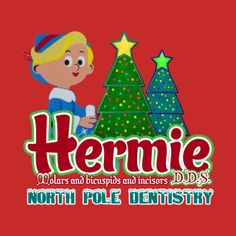 the logo for hermie's north pole dentality, with a cartoon character next to a christmas tree