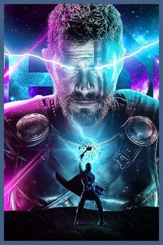 the poster for thor is shown in front of an image of a man with lightning