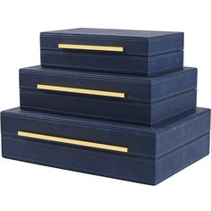 three blue boxes stacked on top of each other with gold trimmings and handles