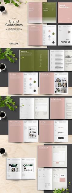 an assortment of brochures with different colors and designs on them, including green leaves