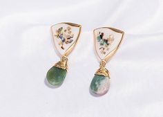 Handwritten Gifts, Spiritual Power, Jade Earrings, Beautiful Gift Wrapping, Gold Filled Earrings, Triangle Earrings, Green Agate, Shell Earrings, Green Jade