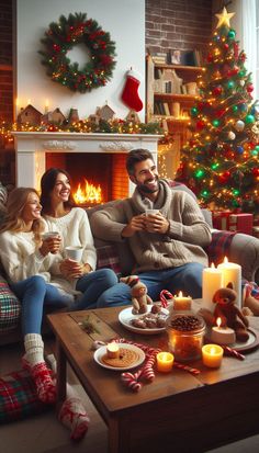 a man and woman sitting on a couch in front of a christmas tree drinking coffee