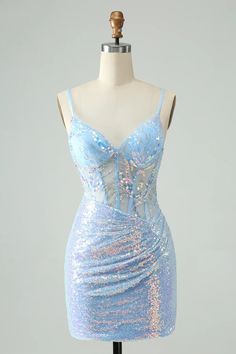 Glitter Light Blue Tight Spaghetti Straps Short Homecoming Dress with – Buyishang Dresses Hoco Dresses Green, Hoco Dresses Red, Dress With Sequins, Grey Bridesmaid Dresses, Mermaid Bridesmaid Dresses, Sequin Prom Dresses, Backless Prom Dresses