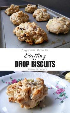 an image of some biscuits on a plate with the words stuffing drop biscuits