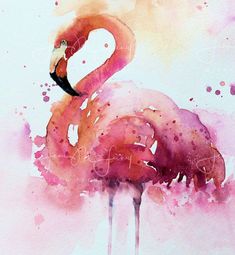 a watercolor painting of two flamingos in pink and orange colors, facing each other