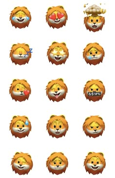 an animal icon set with different facial expressions and hair colors, including the head of a lion