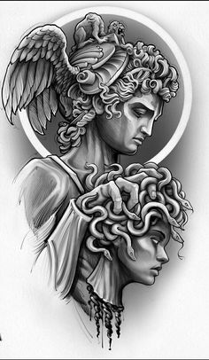 a drawing of an angel with curly hair and wings on his head, in black and white