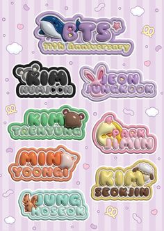 some type of stickers that are on a purple and white striped background with clouds