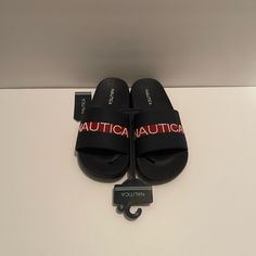 Blue, Red And White Nautica Slides For Big Kids. Nautica Shoes, Shoes Brand, Sandals Flip Flops, Shoe Brands, Flip Flop Sandals, Big Kids, Kids Shoes, Flip Flops, Slides