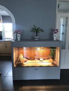 a fish tank filled with water and plants on top of a tiled floor next to a doorway