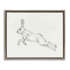 a black and white drawing of a rabbit leaping in the air with its front legs spread out