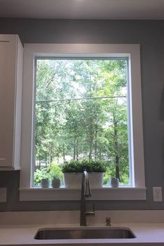 a kitchen sink under a large window with potted plants