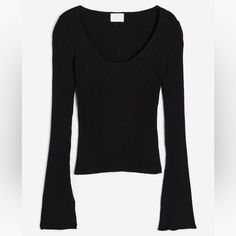 Black Rib-Knit Top. Size Xs. Perfect Condition. New With Tags Never Worn! Black Stretch Sweater With Ribbed Cuffs, Black Stretch Knit Top For Fall, Stretch Black Knit Top For Fall, Soft Knit Top In Black For Fall, Black Soft Knit Top For Fall, Soft Knit Black Top For Fall, Black Stretch Knit Top For Winter, Stretch Black Knit Top For Winter, Trendy Fitted Black Sweater