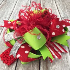 "Our Lime Green and Red Over the Top Hair Bow or Baby Headband comes attached to your choice of alligator clip, French barrette, or as a bow and headband set. - made with premium grosgrain ribbon - available in 4\", 5\", or 6\" size - available on an alligator clip, french barrette, or as a bow and headband set - bow is for all ages including babies and big girls - can be worn with or without a headband (stretch headband wraps all the way around head and fits newborns to age 3 comfortably) - cus Baby Hair Bows Headbands, Handmade Baby Headbands, Christmas Headband Baby, Christmas Headbands, Headband Christmas, Bows Christmas, Bling Bows, Bow Ideas, Headband Wrap