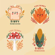 four different thanksgiving stickers with cute animals and leaves on them, one is happy