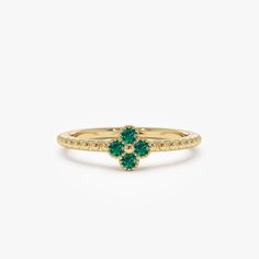 Emerald Ring / 14k Gold Emerald Clover Ring / Dainty Stacking Ring / Unique Emerald Trendy Ring / May Birthstone Birthday Gift ▶ Details   * Made to Order. * Gold KT: 14K Solid Gold (also available in 18K & Platinum upon request) * Custom Gold Color: Rose Gold, Yellow Gold, White Gold * Round Emeralds: 4 pcs x 2.0 MM  * Total CTW: 0.12 ctw * Ready to Ship in 3-10 Business Days ▶ See more of our Emerald Jewelry - https://etsy.me/3QCyZBQ  ▶ See our storefront here - http://etsy.me/2lUcVnH  ▶ All store sections here  Diamond Rings - http://etsy.me/2lwKUl8  * Diamond Earrings - http://etsy.me/2lyqVBP  * Diamond Necklace - http://etsy.me/2mqa6O1  * Diamond Bracelets - http://etsy.me/2mVrAB5  * Diamond Wedding Rings - https://etsy.me/3YbpVq2  * Gold Wedding Band - https://etsy.me/3X3uf9F  * Gold 14k Gold Birthstone Cluster Ring, 14k Gold Cluster Ring With Birthstone, Yellow Gold Cluster Ring With Accent Stones For Promise, Emerald Cluster Ring In Yellow Gold For May Birthstone, Yellow Gold Emerald Cluster Ring For May Birthstone, 14k Gold Cluster Ring Gift, Anniversary Cluster Ring With May Birthstone, Emerald Cluster Ring In Yellow Gold For Promise, Green Cluster Ring With Prong Setting