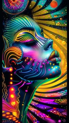 a woman's face is painted in neon colors and has her eyes closed to the side