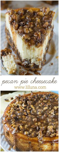 two pictures of pecan pie cheesecake with chocolate toppings on the top and bottom