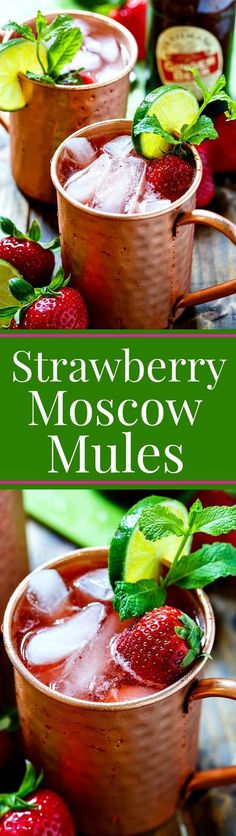 strawberry moscow mules with mint garnish on top and in copper mugs