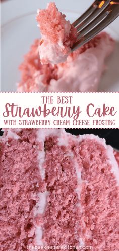 the best strawberry cake with strawberry cream cheese frosting is on a plate and has a fork in it