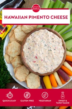 the hawaiian pinento cheese dip is served with crackers and veggies