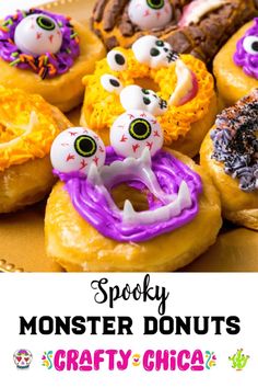 spooky monster donuts with purple icing and eyes