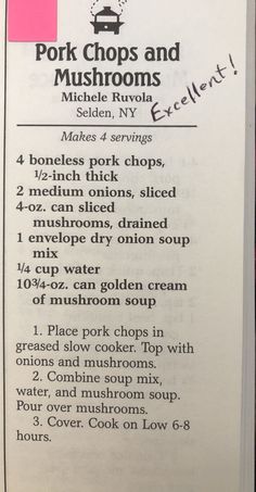 the menu for pork chops and mushrooms is shown in pink, black and white